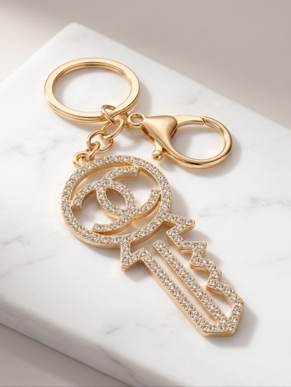 Designer-Inspired Gold Crystal Key Charm Keychain